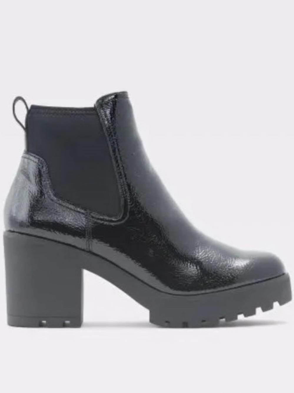 Aldo Black Patent Chelsea Lug Heel Booties